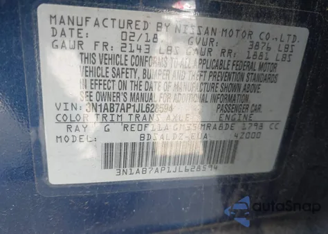 2018 Nissan Sentra Sv из США, поврежденный, VIN 3N1AB7AP1JL628594